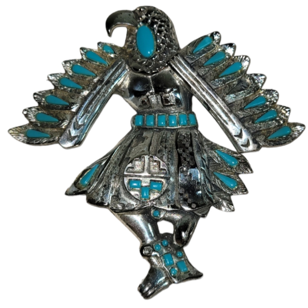 Vintage Florenta Thunderbird Bolo Tie Slide Only Silver Tone Faux Turquoise READ
